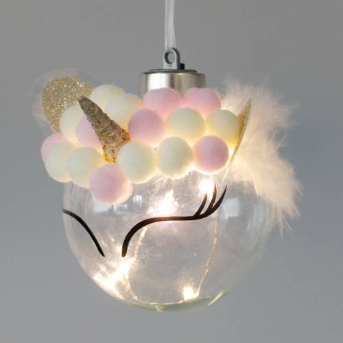 Floristik24 Christbaumkugel Einhorn mit LED-Lichterkette Bonbonfarben, Transparent Glas, Pompom Ø8cm Für Batterien