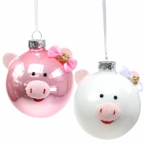 Floristik24 Christbaumschmuck Glaskugel Schwein Rosa/Weiß Ø8cm 2St