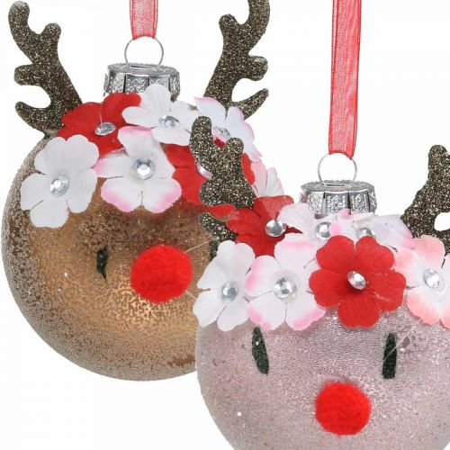 Artikel Christbaumkugel, Rentier mit Blütenkranz, Adventsdeko, Baumschmuck Braun, Rosa Echtglas Ø8cm 2St