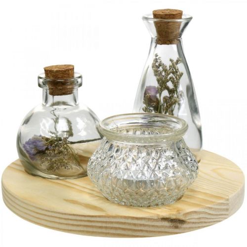 Vasenset auf Holztablett, Tischdeko mit Trockenblumen, Windlicht Naturfarben, Transparent Ø18cm