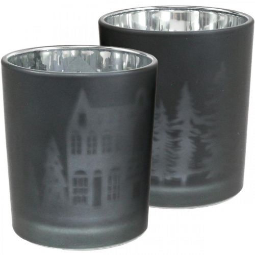 Floristik24 Windlichter, Teelichthalter Glas Weihnachten Schwarz Ø7cm 2St