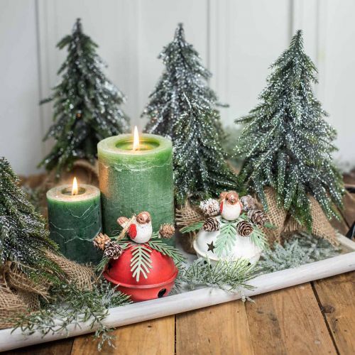Floristik24 Glocken mit Rotkehlchen, Vogeldeko, Winter, Deko-Glocken für Weihnachten Weiß/Rot Ø9cm H10cm 2er-Set