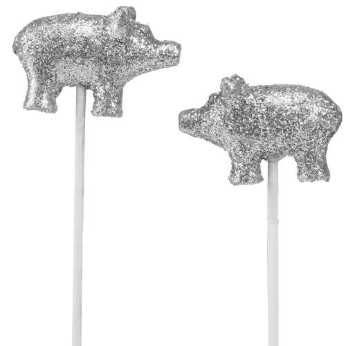 Artikel Glücksschwein Silvester Glücksbringer am Stab Silbern 3cm 6St