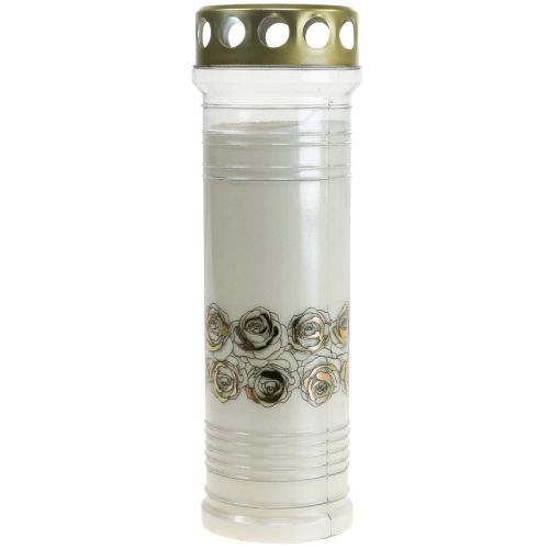Artikel Grabkerze Weiß Rosen Gold Trauerlicht Ø7cm 23,5cm 100h 2St