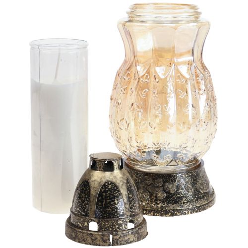 Artikel Grablicht Glas Ranken Rosen H26cm Ø12cm Getönt Gold 24–30h