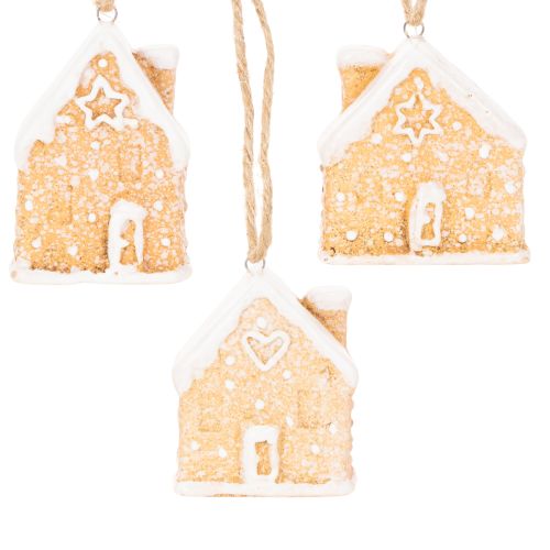 Keramik Lebkuchenhäuschen Hängedekoration 6cm naturfarben 3er Set | Floristik24.at