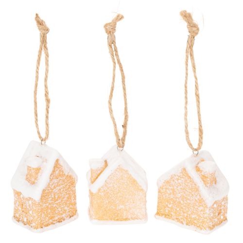 Keramik Lebkuchenhäuschen Hängedekoration 6cm naturfarben 3er Set | Floristik24.at