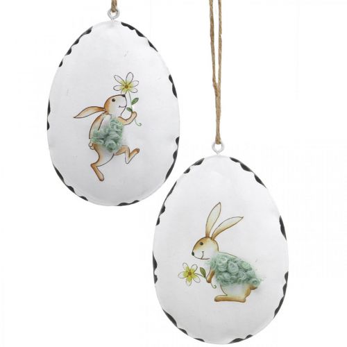 Floristik24 Eier mit Hase, Ostereier zum Hängen, Metalldeko Weiß H10,5cm 4St