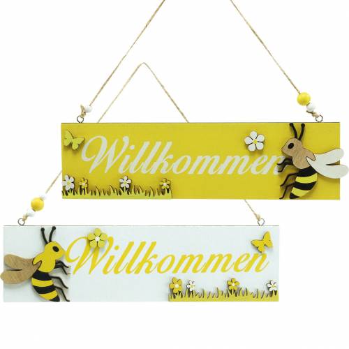 Floristik24 Willkommensschild mit Biene, Holzdeko, Bienendeko zum Hängen, Willkommen, Türschild 4St