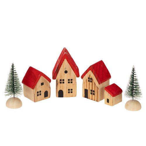 Holz-Dekohaus-Set mit roten Dächern und Tannenbäumen, 12 cm, 6-teilig