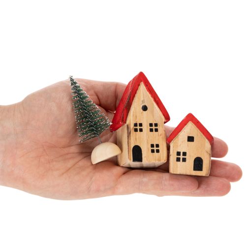 Holz-Dekohaus-Set mit roten Dächern und Tannenbäumen, 12 cm, 6-teilig | Floristik24.at