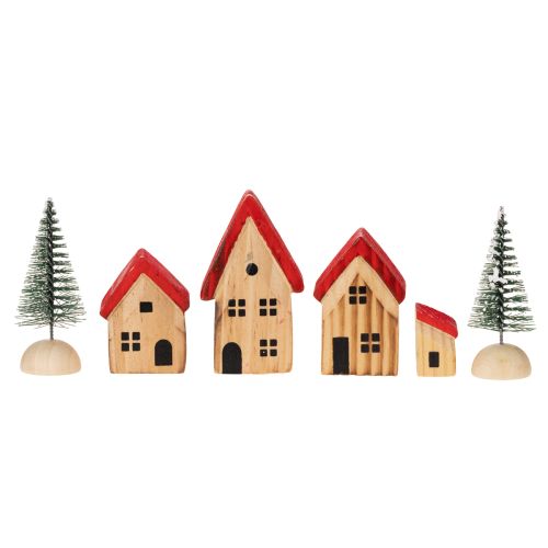 Holz-Dekohaus-Set mit roten Dächern und Tannenbäumen, 12 cm, 6-teilig | Floristik24.at