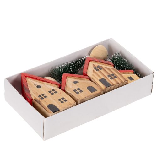 Holz-Dekohaus-Set mit roten Dächern und Tannenbäumen, 12 cm, 6-teilig | Floristik24.at