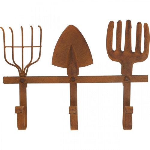 Hakenleiste Gartenwerkzeuge, Gartendeko, Harke Spaten Rechen, Garderobe aus Metall Edelrost L33,5cm