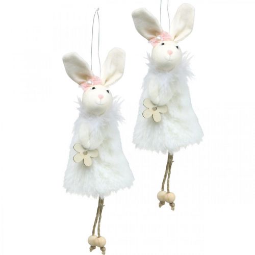 Floristik24 Hase zum Hängen, Osterdeko, Frühlingsanhänger, Osterhase mit Blume Weiß, Natur H21cm 6St