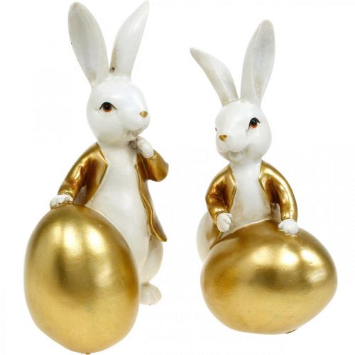 Floristik24 Osterhasen Weiß-Golden, Osterdeko, Deko-Hasen mit Ei H16/18cm 2er-Set