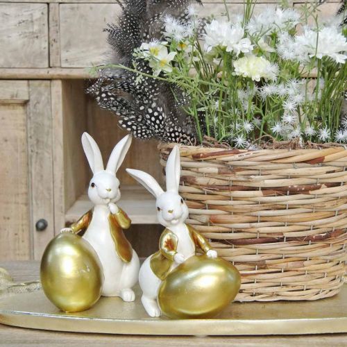 Floristik24 Osterhasen Weiß-Golden, Osterdeko, Deko-Hasen mit Ei H16/18cm 2er-Set