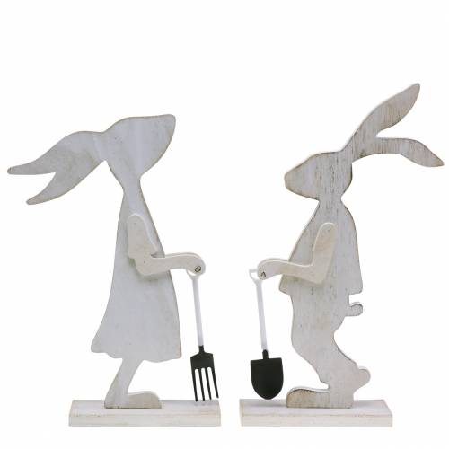 Artikel Hase mit Gartengeräten Weiß Holz H28/30,5cm 2er Set