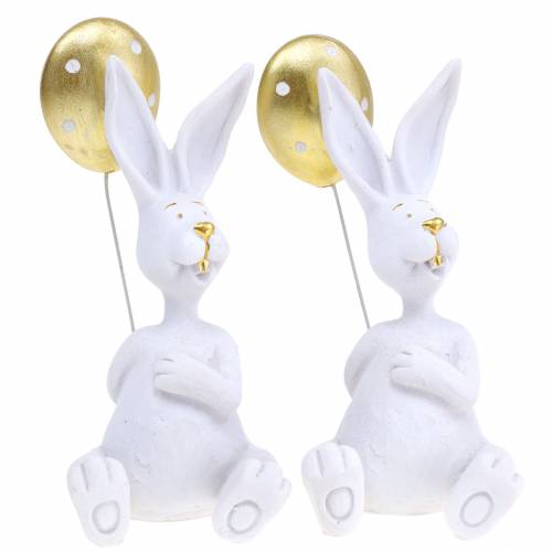 Floristik24 Hase mit Luftballon Sitzend Weiß, Gold H13,5cm 2St