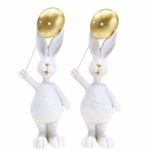 Floristik24 Osterhase mit Luftballon Stehend Weiß Gold H18cm 2St