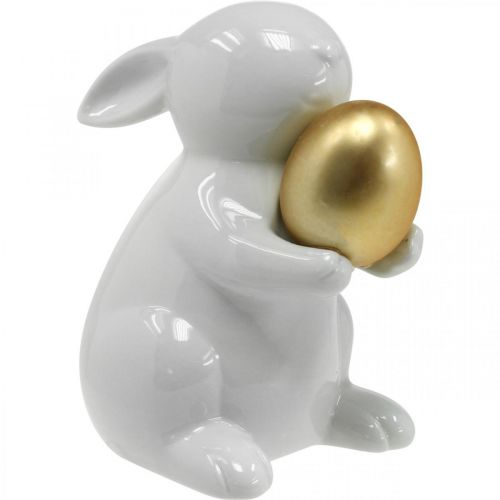 Artikel Hase mit Goldei Keramik, Osterdeko elegant Weiß, Golden H15cm