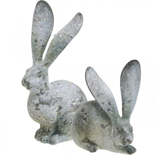 Floristik24 Deko-Hase, Gartenfigur in Beton-Optik, Shabby Chic, Osterdeko mit Silberakzenten H21/14cm 2er-Set