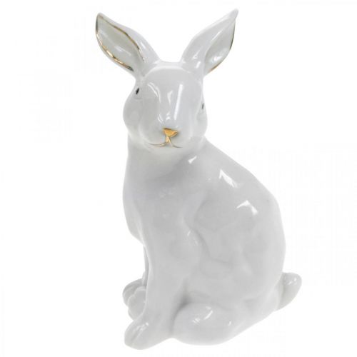 Floristik24 Osterhase Weiß-Golden, Frühlingsdeko, Keramikfigur Weiß, Golden H13cm 2St