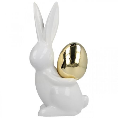 Floristik24 Osterhasen elegant, Keramikhasen mit Goldei, Osterdeko Weiß, Golden H18cm 2St