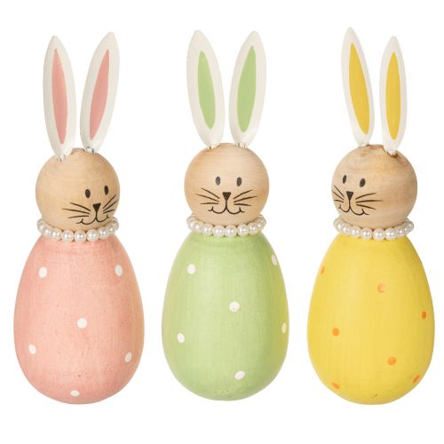Hasen Deko Figuren in Pastell Holz Osterhasen mit Perlenkette 14,5×5cm 3St