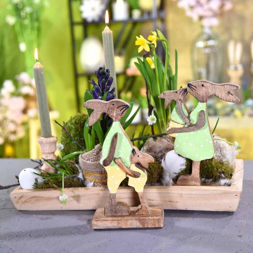 Hasenmutter mit Kind, Osterdeko, Frühling, Osterhasen aus Holz Natur, Grün, Gelb H22cm