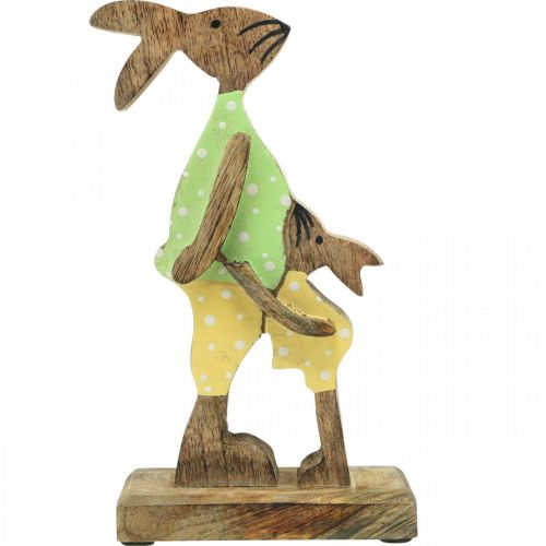 Artikel Osterhase mit Kind, Frühlingsdeko aus Holz, Hasenvater, Ostern Natur, Grün, Gelb H22cm