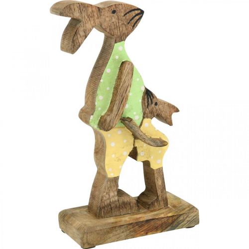 Osterhase mit Kind, Frühlingsdeko aus Holz, Hasenvater, Ostern Natur, Grün, Gelb H22cm