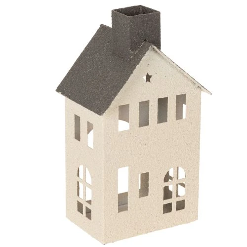 Dekohaus aus Metall mit Schornstein und Fenstern 24cm beige-grau