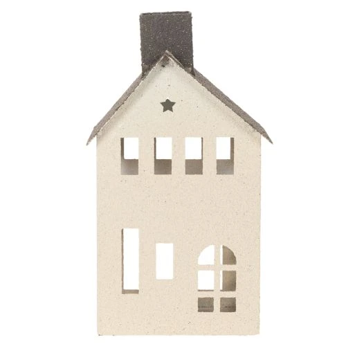 Dekohaus aus Metall mit Schornstein und Fenstern 24cm beige-grau | Floristik24.at