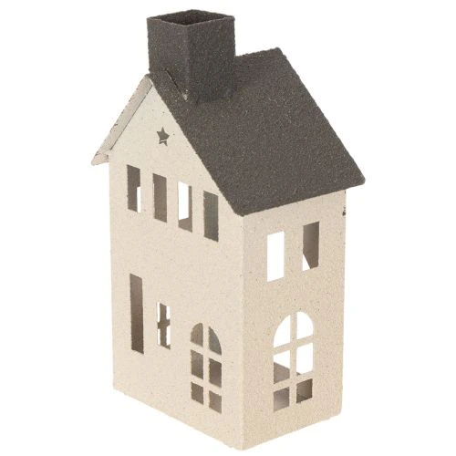 Dekohaus aus Metall mit Schornstein und Fenstern 24cm beige-grau | Floristik24.at