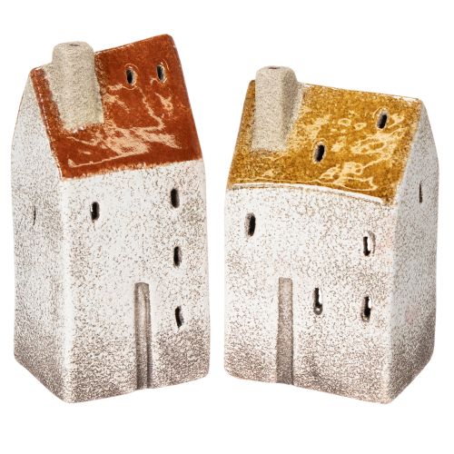 Teelichthäuser aus Keramik mit Schornstein, 13 cm, 2er-Set, Herbstfarben