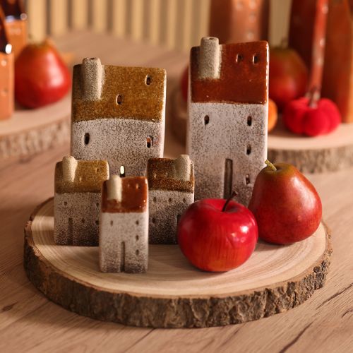 Teelichthäuser aus Keramik mit Schornstein, 13 cm, 2er-Set, Herbstfarben | Floristik24.at
