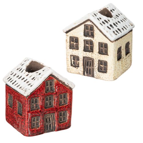Kerzenständer aus Keramik in Hausform mit verschneitem Dach 7 cm Rot und Beige 2 Stück