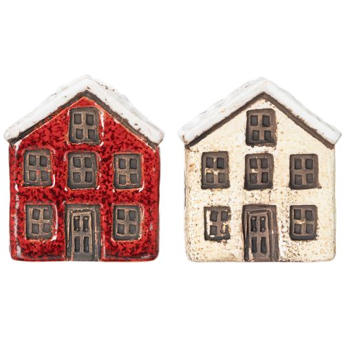 Kerzenständer aus Keramik in Hausform mit verschneitem Dach 7 cm Rot und Beige 2 Stück | Floristik24.at