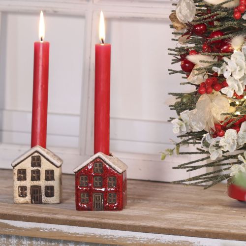 Kerzenständer aus Keramik in Hausform mit verschneitem Dach 7 cm Rot und Beige 2 Stück | Floristik24.at