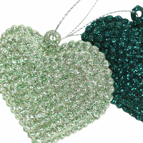 Floristik24 Glitterherz-Set zum Hängen Smaragd, Eisblau 6cm x 6,5cm 12St