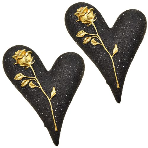 Herz mit Rose Schwarz Gold Grabschmuck 14×10×3cm 2St