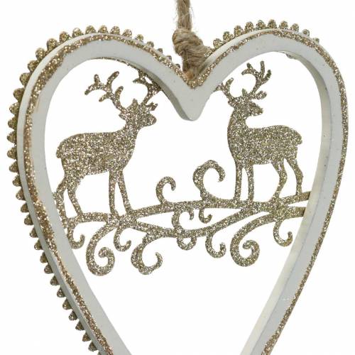 Artikel Herzen zum Hängen mit Intarsie Holz, Kunststoff Weiß, Golden, Ø9,2cm H12cm 4 St