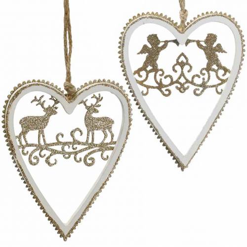 Floristik24 Herzen zum Hängen mit Intarsie Holz, Kunststoff Weiß, Golden, Ø9,2cm H12cm 4 St