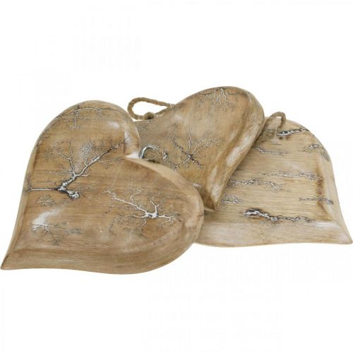 Floristik24 Hochzeitsdeko, Herzanhänger, Valentinstag, Holzdeko mit Muster Natur, Weiß gewaschen 14×15,5cm 3St