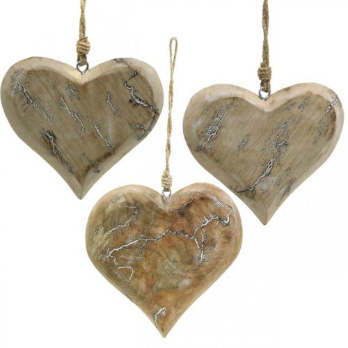 Floristik24 Hochzeitsdeko, Herzanhänger, Valentinstag, Holzdeko mit Muster Natur, Weiß gewaschen 14×15,5cm 3St