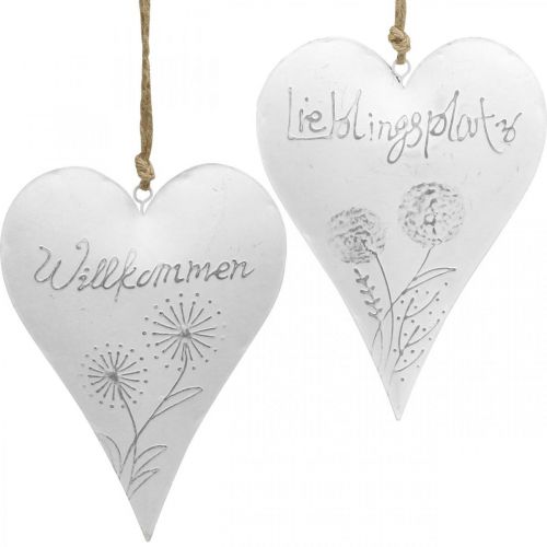 Floristik24 Herzen zum Hängen, Willkommen, Lieblingsplatz, Metalldeko mit Pusteblume Weiß, Silbern H20cm 2er-Set