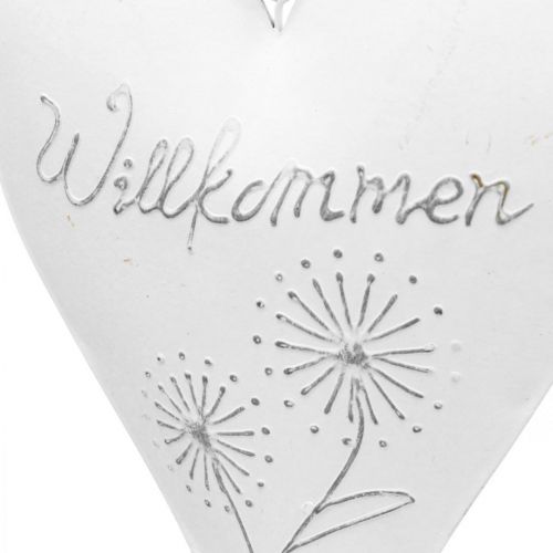 Artikel Herzen zum Hängen, Willkommen, Lieblingsplatz, Metalldeko mit Pusteblume Weiß, Silbern H20cm 2er-Set