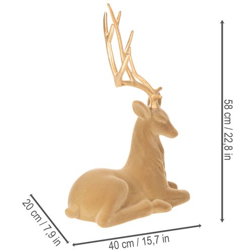 Dekofigur liegender Hirsch mit goldfarbenem Geweih, beflockt, 58 cm, hellbraun | Floristik24.at