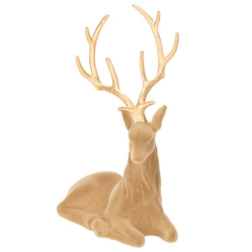 Dekofigur liegender Hirsch mit goldfarbenem Geweih, beflockt, 58 cm, hellbraun | Floristik24.at